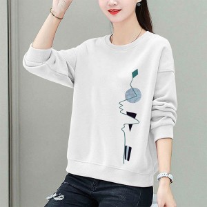 Retro Long Sleeve Cotton Fabric Round Neck Women Sweater - White