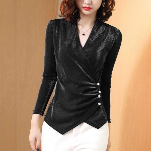 Elegant Long Sleeve Velvet V Neck Solid Shiny Ladies Tops - Black